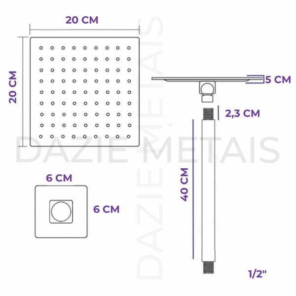 Imagem de Chuveiro Ducha Slim Quadrado Inox 20x20cm Preto Fosco Tik