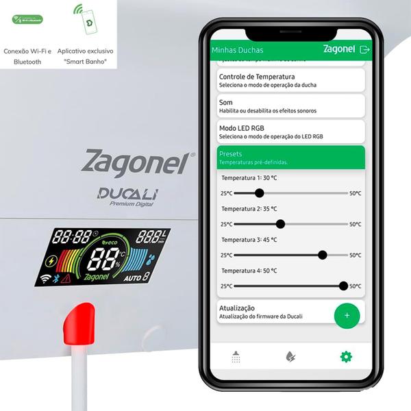 Imagem de Chuveiro Elétrico Digital Branco Bluetooth Wi-Fi LED Zagonel