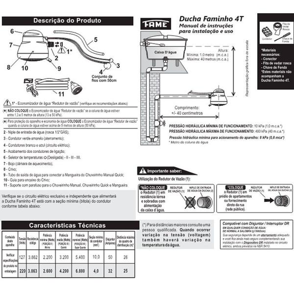 Imagem de Chuveiro Elétrico Ducha Fame Cano 4T Black 220v 6800w