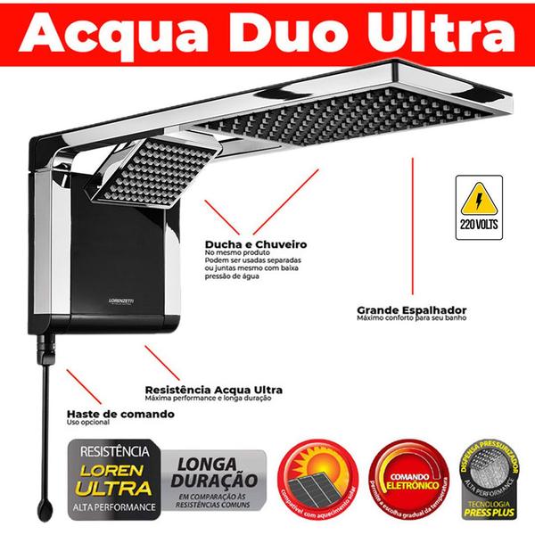 Chuveiro Elétrico Solar Acqua Duo Ultra Black C Cromado 220v 7800w - Lorenzetti Imagem de Chuveiro Elétrico Solar Acqua Duo Ultra Black C Cromado 220v 7800w