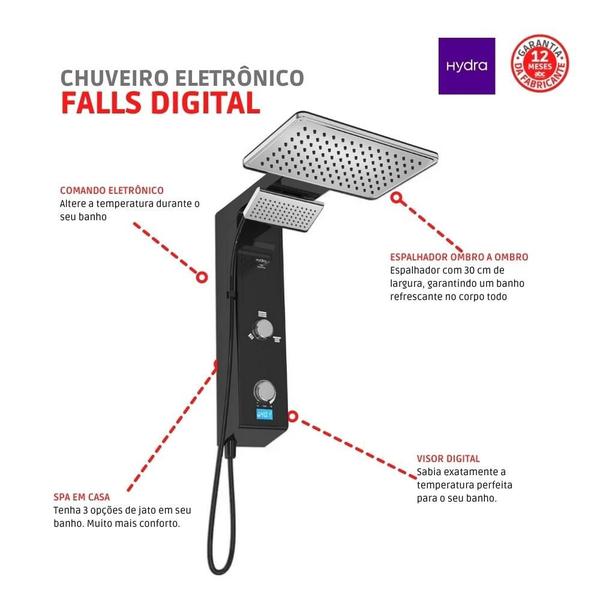 Imagem de Chuveiro Eletrônico Digital Ducha de Parede Hydra Falls Power Preto E Cromo 5500W 110V