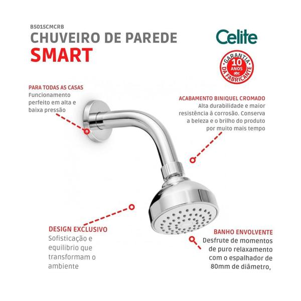 Imagem de Chuveiro Redondo De Parede 80Mm C/ Braço Smart Cromado Celite