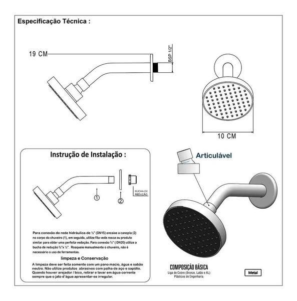 Imagem de Chuveiro Redondo Flat 10cm Com Braço Articulado Inox 7011A