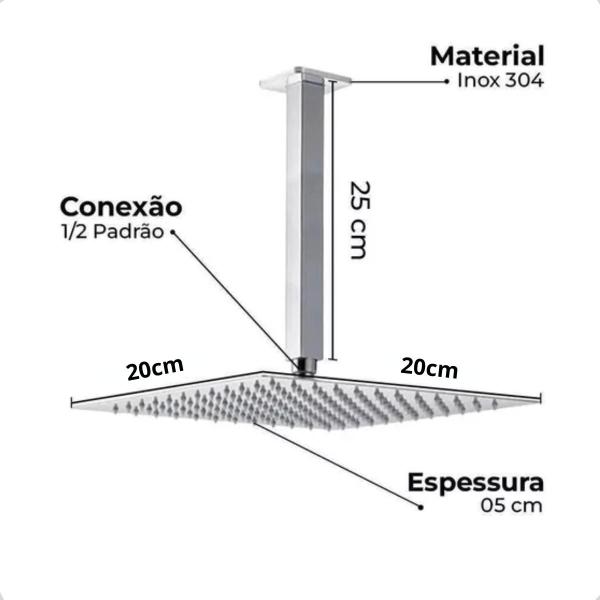 Imagem de Chuveiro Teto Quadrada 20x20cm Cromada Inox e 2 Acabamento