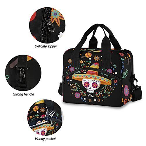 Imagem de Cinco De Mayo Skull Saco de almoço isolado Reutilizável Saco de almoço Saco mais frio para mulheres homens Adulto Lancheira com alça de ombro ajustável Saco de almoço à prova de vazamento para o trabalho Escola de Piquenique Camping