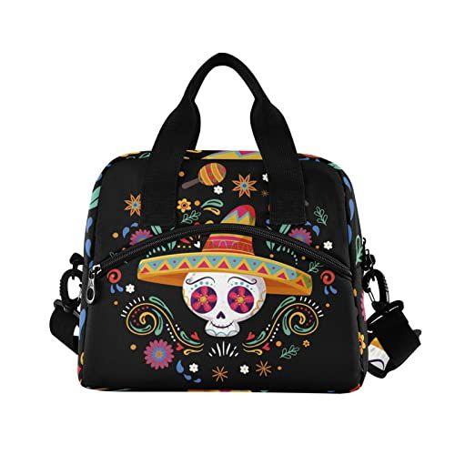 Imagem de Cinco De Mayo Skull Saco de almoço isolado Reutilizável Saco de almoço Saco mais frio para mulheres homens Adulto Lancheira com alça de ombro ajustável Saco de almoço à prova de vazamento para o trabalho Escola de Piquenique Camping