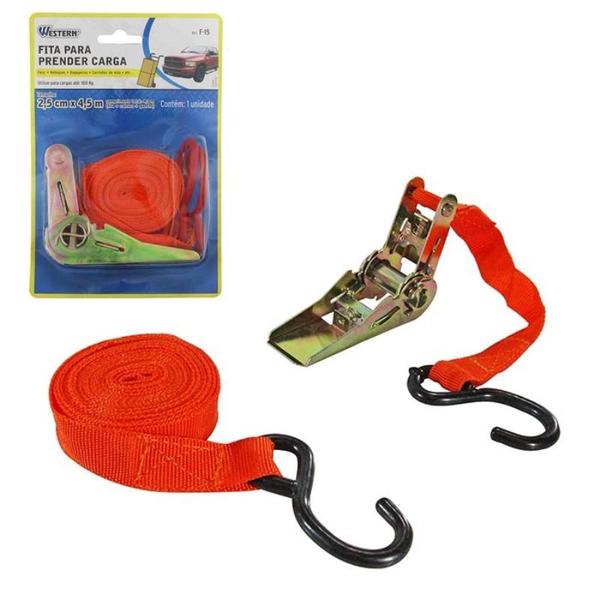 Cinta com Catraca para Amarração de Garga até 100 KG 4,5 Metros x 2,5 CM F-15 WESTERN Imagem de Cinta com Catraca para Amarração de Garga até 100 KG 4,5 Metros x 2,5 CM F-15 WESTERN