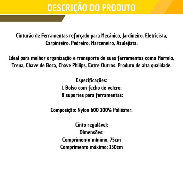 Imagem de Cinturão Para Ferramentas De Carpinteiro Pedreiro Eletricista Cinto 8 Divisões