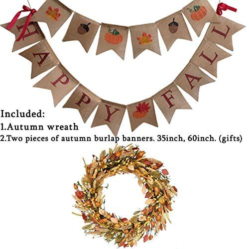 Imagem de CIR OASES 22-23 polegadas Fall Wreath Berries Front Door Artificial Leaves Grain Wreath Harvest Wheat Ears Garland Autumn Wreath for Front Door Home Wall Party Fall Festival Decor