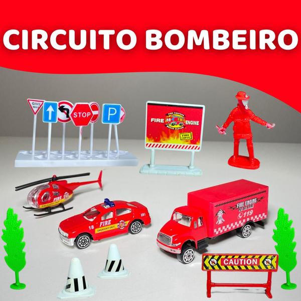 Imagem de Circuito Bombeiro Brinquedo Caminhão de bombeiro Viatura e Helicóptero de resgate