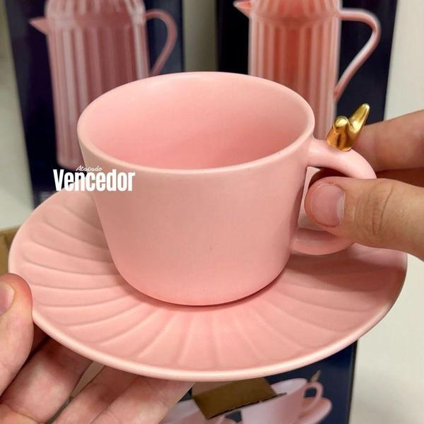 Cj 02 Xícaras de Chá C/ Pires Cerâmica Rosa 170ml Colibri Wolff Imagem de Cj 02 Xícaras de Chá C/ Pires Cerâmica Rosa 170ml Colibri Wolff