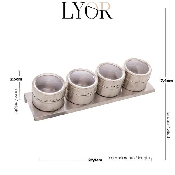 Cj 04 Porta temperos em Aço Inox C/ Suporte Imantado - Lyor Imagem de Cj 04 Porta temperos em Aço Inox C/ Suporte Imantado - Lyor