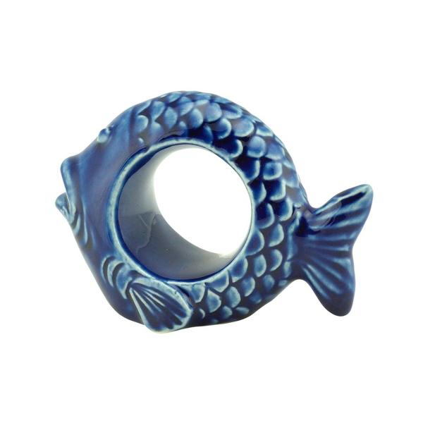 Imagem de Cj 4 Argolas de Cerâmica Peixes Ocean Azul P/Guardanapos de Tecido Bon Gourmet