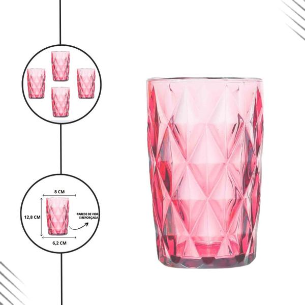 Imagem de Cj 4 copos vidro diamond rosa claro 370ml