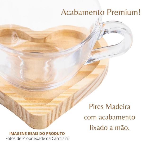 Imagem de Cj 4 Xicaras Cha Chocolate Quente Pires Madeira Coração