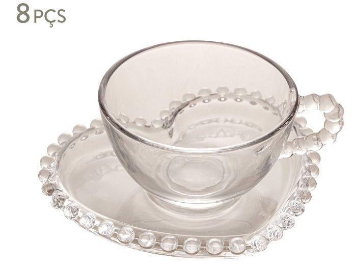 Imagem de Cj 4 Xicaras Cha Cristal C/ Pires Coracao Pearl 180ml