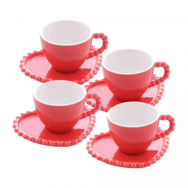 Imagem de CJ 4 XICARAS P/CAFE DE PORCELANA C/PIRES CORACAO BEADS VERMELHO 80ml