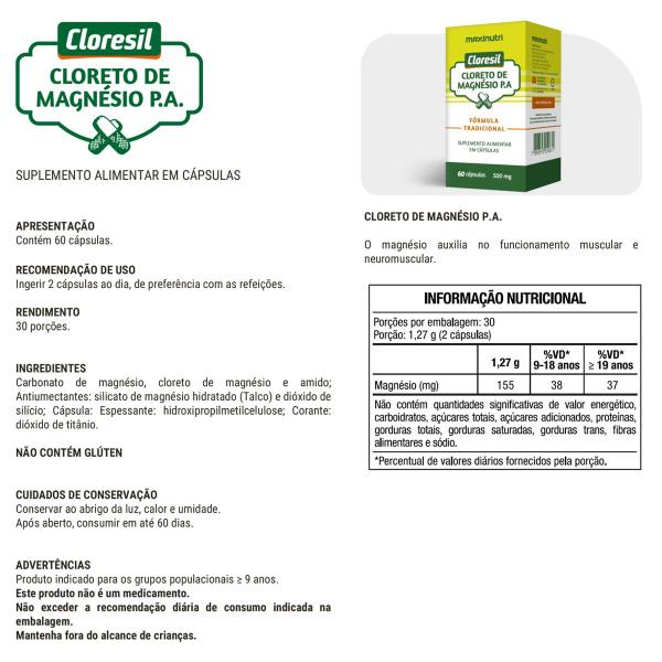 Imagem de Cloresil Cloreto Magnésio P.A 500mg 60 Cápsulas Maxinutri