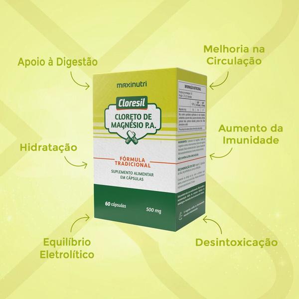 Cloresil Cloreto Magnésio P.A 500mg 60 Cápsulas Maxinutri Imagem de Cloresil Cloreto Magnésio P.A 500mg 60 Cápsulas Maxinutri