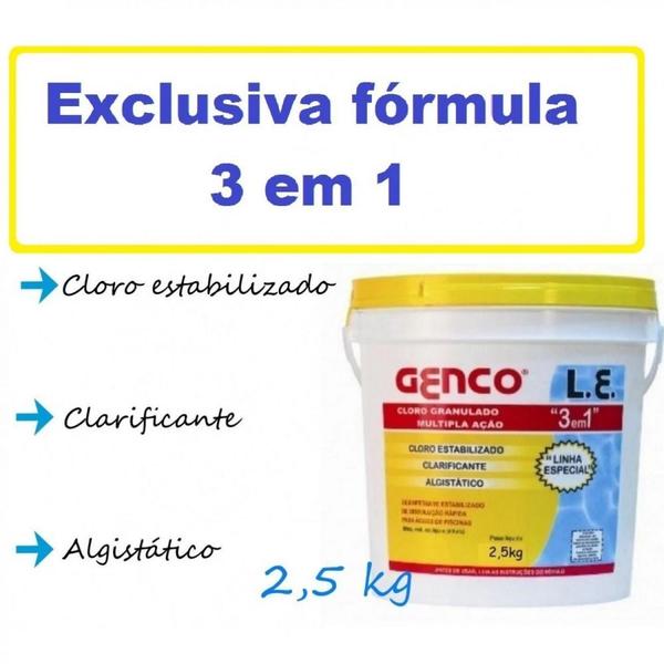 Imagem de Cloro Estabilizado Granulado Balde 2,5kg 3 em 1 + 3 Pastilhas Tripla Acao 200g + Clorador Netuno  Kit 