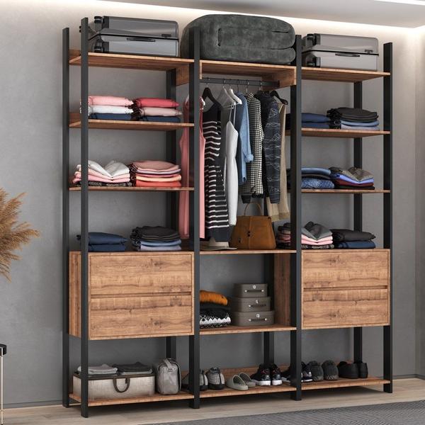 Imagem de Closet 4 Gavetas 1 Cabideiro Estilo Industrial Chess F04 Preto/Solanum - Mpozenato