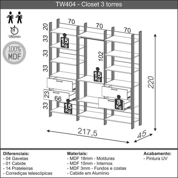 Imagem de Closet 4 Gavetas 12 Prateleiras 100% Mdf Tw404 Freijó/Preto Fosco - Dalla Costa