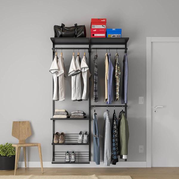 Imagem de Closet Aberto Aramado Preto Parede Cabideiro Araras Prateleira Modular Regulável Home Metal