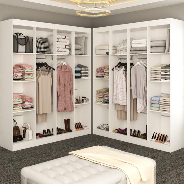 Imagem de Closet Casal em L Ele e Ela 4 Metros 16 Prateleiras 4 Cabideiros Branco Fosco - Panorama Móveis