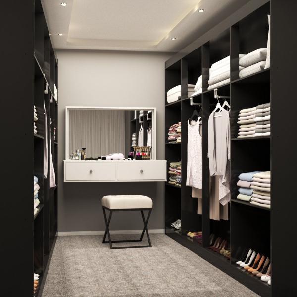 Imagem de Closet Casal em L Ele e Ela 4 Metros 16 Prateleiras 4 Cabideiros Preto Fosco - Panorama Móveis