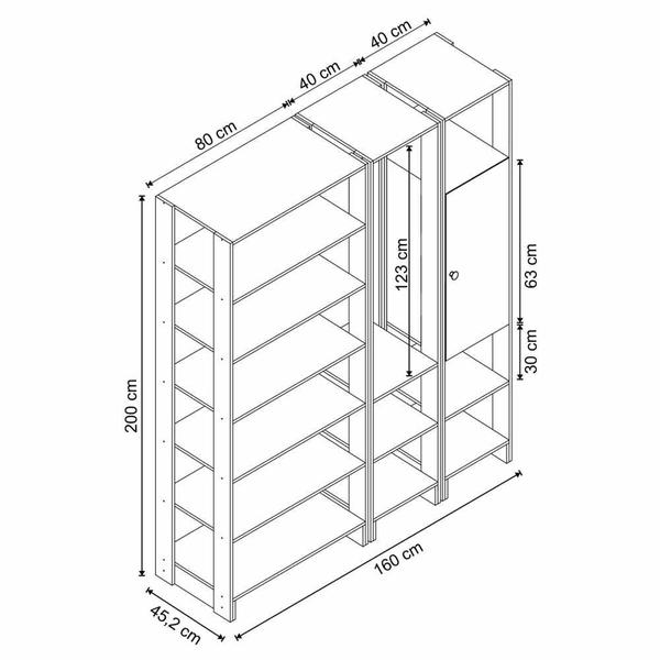 Imagem de Closet com 1 Cabideiro, 1 Porta com 2 prateleira e 12 nichos EY103-5-7 Linha Yes Naturart