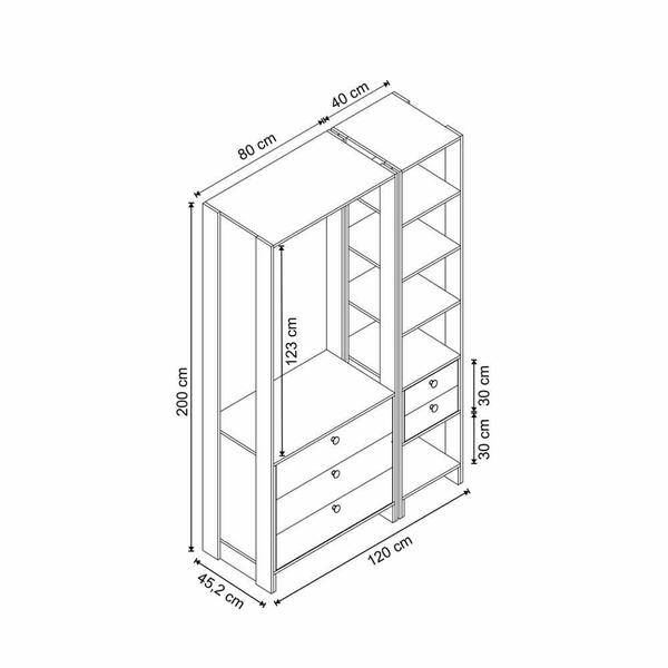 Imagem de Closet com 1 Cabideiro, 3 Gavetas maiores, 2 Gavetas menores e 6 Nichos EY102-106 Linha Yes Naturart