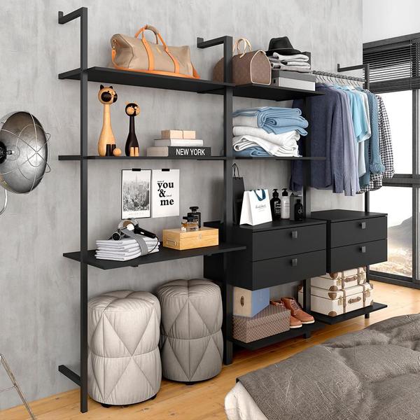 Imagem de Closet Estilo Industrial Siena 4 Gav Preto Fosco - Móveis Arapongas