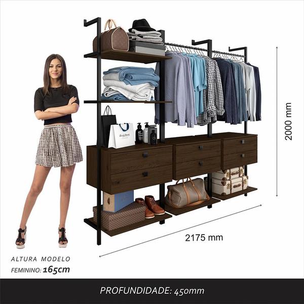 Imagem de Closet Estilo Industrial Siena 6 Gav Preto/imbuia - Móveis Arapongas