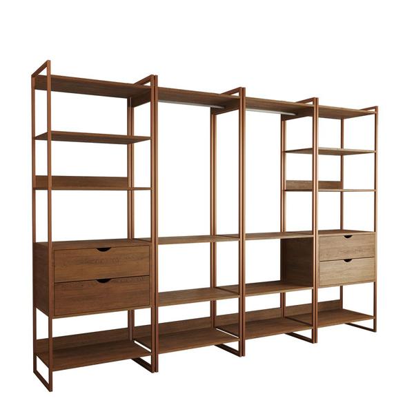 Imagem de Closet Industrial Casal Completo Loft Amêndoa 4 Módulos Cabideiro com Gavetas Base Cobre