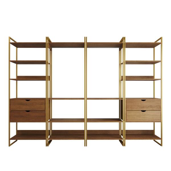 Imagem de Closet Industrial Casal Completo Loft Amêndoa 4 Módulos Cabideiro com Gavetas Base Dourada