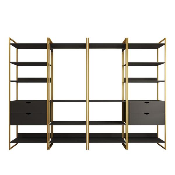 Imagem de Closet Industrial Casal Completo Loft Preto 4 Módulos Cabideiro com Gavetas Base Dourada