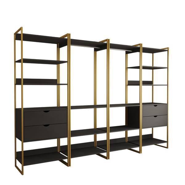 Imagem de Closet Industrial Casal Completo Loft Preto 4 Módulos Cabideiro com Gavetas Base Dourada