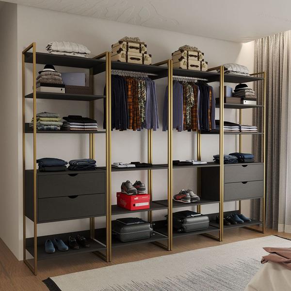 Imagem de Closet Industrial Casal Completo Loft Preto 4 Módulos Cabideiro com Gavetas Base Dourada