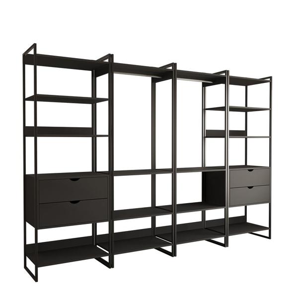 Imagem de Closet Industrial Casal Completo Loft Preto 4 Módulos Cabideiro com Gavetas Ferro Preto