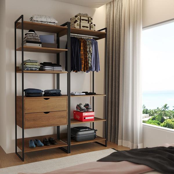 Imagem de Closet Industrial Casal Loft 2 Módulos Amêndoa Cabideiro com Gavetas Ferro Preto 