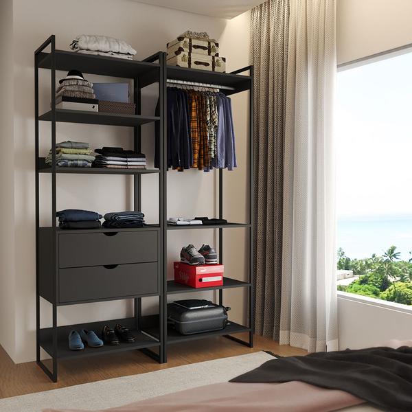 Imagem de Closet Industrial Casal Loft 2 Módulos Preto Cabideiro com Gavetas Ferro Preto 