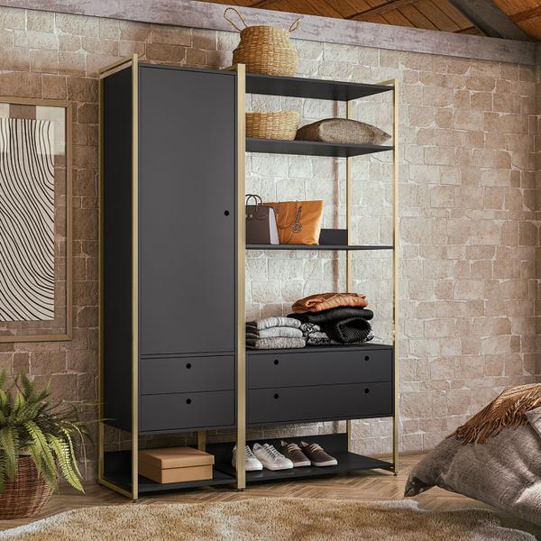 Imagem de Closet Industrial Olivar Conjunto 1 Porta 4 Gavetas Preto - Olivar Móveis