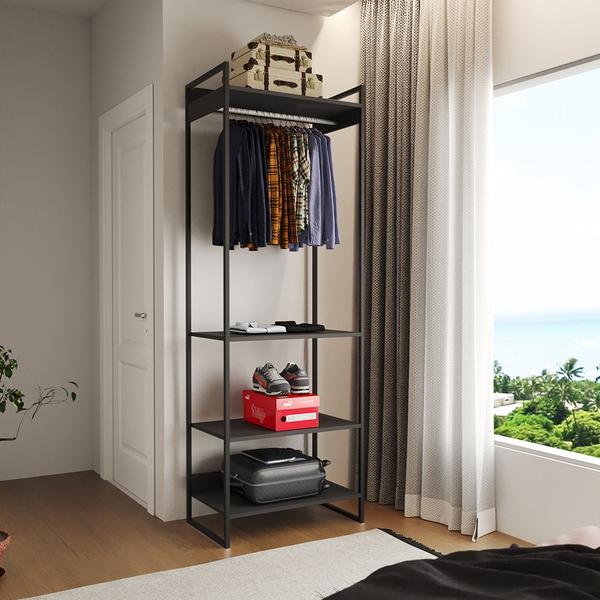 Imagem de Closet Modulado Estilo Industrial Solteiro Loft Preto Cabideiro Ferro Preto 