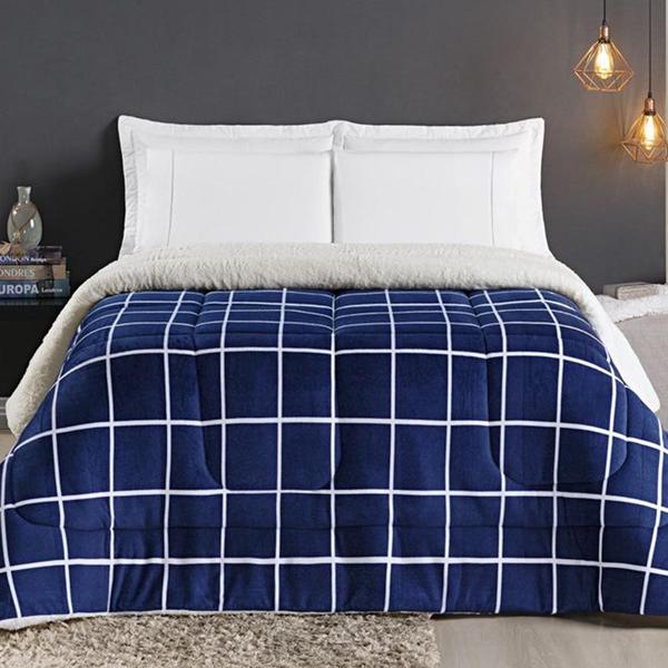 Imagem de Coberdrom Cobertor Comfort Casal King 01 Peça Tecido Sherpa Manta Flannel Quadriculado - Azul