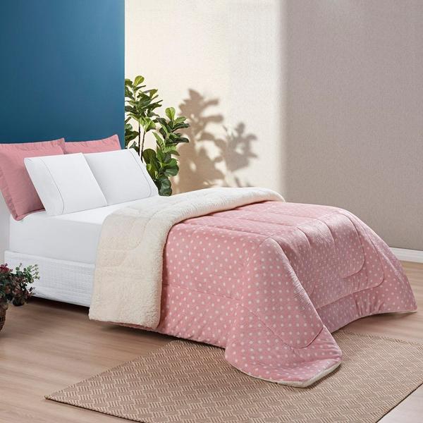 Imagem de Coberdrom Estampado Sherpa e Flannel Petit Poá Casal Padrão 01 Peça Manta Alta 150g - Rosa 