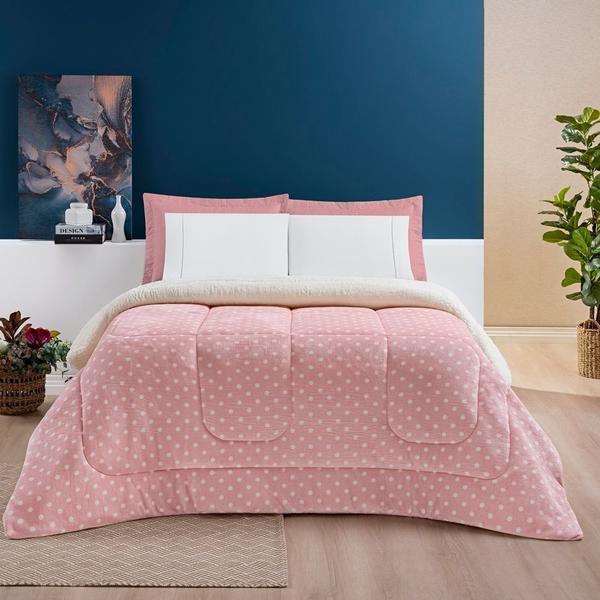 Imagem de Coberdrom Estampado Sherpa e Flannel Petit Poá King 01 Peça Manta Alta 150g - Rosa 