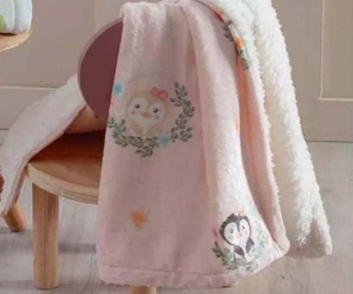 Imagem de Cobertor Bebê Super Soft C/ Sherpa Pinguins Rosa Jolitex