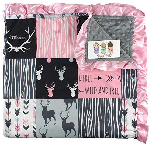 Cobertor de bebê - Minky, Veado, flechas e chifres, rosa com cinza e preto, com babados rosa - Top Tots Imagem de Cobertor de bebê - Minky, Veado, flechas e chifres, rosa com cinza e preto, com babados rosa