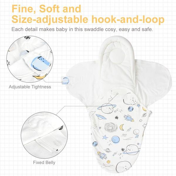 Imagem de Cobertor de Swaddle recém-nascido Knirose e envoltório infantil unissex, com função de proteção da cabeça e suporte da cabeça, feito de algodão penteado (Planeta, branco, 3-6 meses)