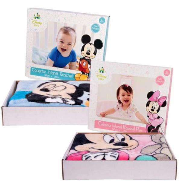 Imagem de Cobertor Infantil Raschel Plus Disney Minnie e Mickey Bebê Rosa Azul